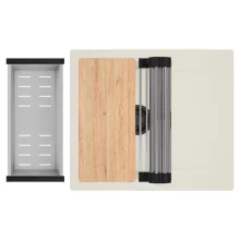 HD Onyx White 58 egymedencés mosogatótálca szett, vágódeszkával, acél csepegtetőráccsal és kosárral, csepegtetőtálcával, tört fehér színben, matt fekete leeresztő szifonnal