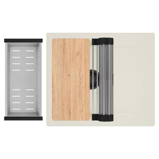 HD Onyx White 58 egymedencés mosogatótálca szett, vágódeszkával, acél csepegtetőráccsal és kosárral, csepegtetőtálcával, tört fehér színben, matt fekete leeresztő szifonnal