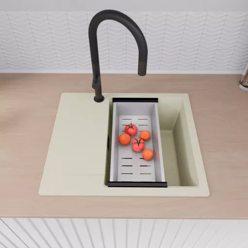 HD Onyx White 58 egymedencés mosogatótálca szett, vágódeszkával, acél csepegtetőráccsal és kosárral, csepegtetőtálcával, tört fehér színben, matt fekete leeresztő szifonnal