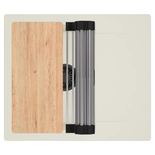 HD Onyx White 58 egymedencés mosogatótálca szett, vágódeszkával, acél csepegtetőráccsal, csepegtetőtálcával, tört fehér színben, matt fekete leeresztő szifonnal