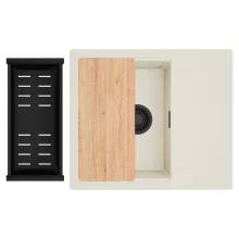 HD Onyx White 58 egymedencés mosogatótálca szett, vágódeszkával, matt fekete csepegtetőkosárral, csepegtetőtálcával, tört fehér színben, matt fekete leeresztő szifonnal