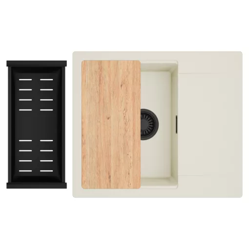 HD Onyx White 58 egymedencés mosogatótálca szett, vágódeszkával, matt fekete csepegtetőkosárral, csepegtetőtálcával, tört fehér színben, matt fekete leeresztő szifonnal