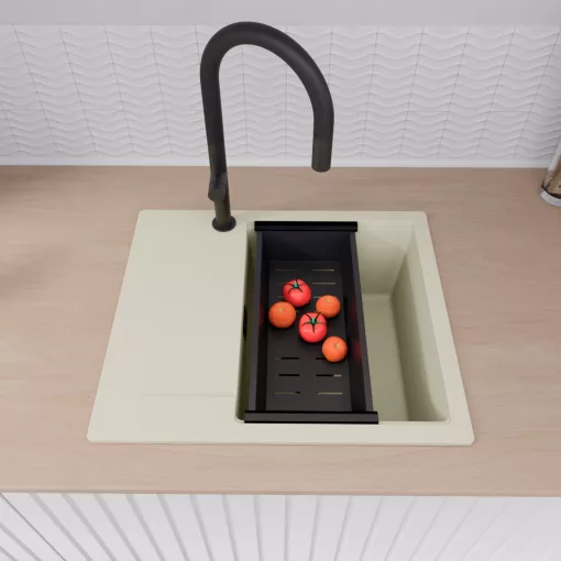 HD Onyx White 58 egymedencés mosogatótálca szett, vágódeszkával, matt fekete csepegtetőkosárral, csepegtetőtálcával, tört fehér színben, matt fekete leeresztő szifonnal