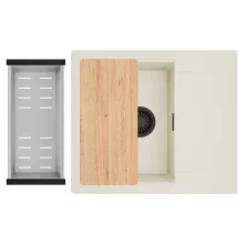 HD Onyx White 58 egymedencés mosogatótálca szett, vágódeszkával, acél csepegtetőkosárral, csepegtetőtálcával, tört fehér színben, matt fekete leeresztő szifonnal