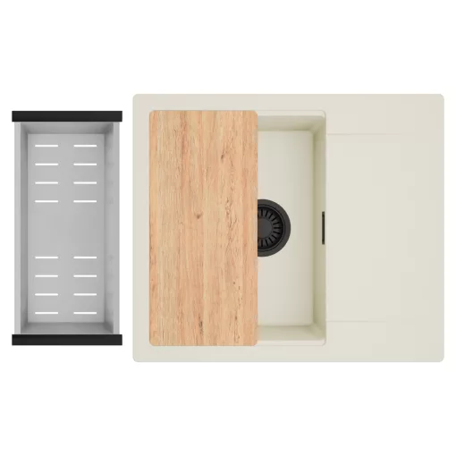 HD Onyx White 58 egymedencés mosogatótálca szett, vágódeszkával, acél csepegtetőkosárral, csepegtetőtálcával, tört fehér színben, matt fekete leeresztő szifonnal