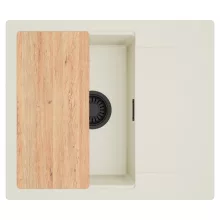 HD Onyx White 58 egymedencés mosogatótálca, vágódeszkával, csepegtetőtálcával, tört fehér színben, matt fekete leeresztő szifonnal