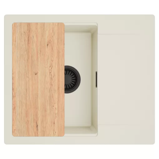 HD Onyx White 58 egymedencés mosogatótálca, vágódeszkával, csepegtetőtálcával, tört fehér színben, matt fekete leeresztő szifonnal