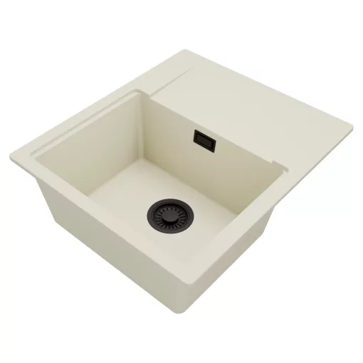 HD Onyx White 58 egymedencés mosogatótálca, vágódeszkával, csepegtetőtálcával, tört fehér színben, matt fekete leeresztő szifonnal