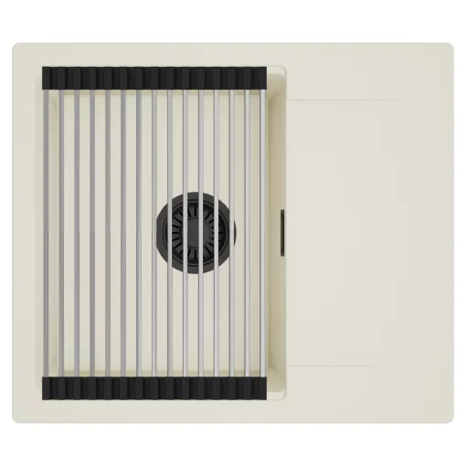 HD Onyx White 58 egymedencés mosogatótálca szett, acél csepegtetőráccsal, csepegtetőtálcával, tört fehér színben, matt fekete leeresztő szifonnal