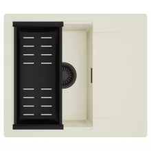 HD Onyx White 58 egymedencés mosogatótálca szett, matt fekete csepegtetőkosárral, csepegtetőtálcával, tört fehér színben, matt fekete leeresztő szifonnal