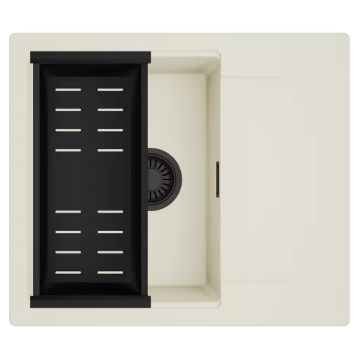 HD Onyx White 58 egymedencés mosogatótálca szett, matt fekete csepegtetőkosárral, csepegtetőtálcával, tört fehér színben, matt fekete leeresztő szifonnal