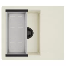 HD Onyx White 58 egymedencés mosogatótálca szett, acél csepegtetőkosárral, csepegtetőtálcával, tört fehér színben, matt fekete leeresztő szifonnal