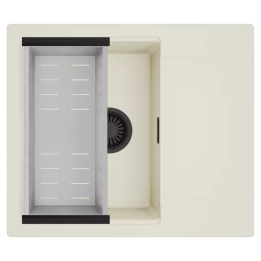 HD Onyx White 58 egymedencés mosogatótálca szett, acél csepegtetőkosárral, csepegtetőtálcával, tört fehér színben, matt fekete leeresztő szifonnal