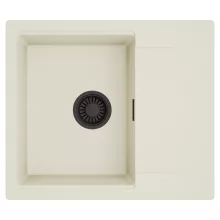 HD Onyx White 58 egymedencés mosogatótálca, csepegtetőtálcával, tört fehér színben, matt fekete leeresztő szifonnal