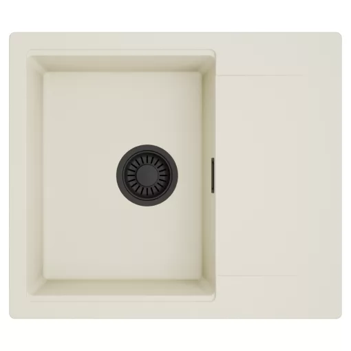 HD Onyx White 58 egymedencés mosogatótálca, csepegtetőtálcával, tört fehér színben, matt fekete leeresztő szifonnal