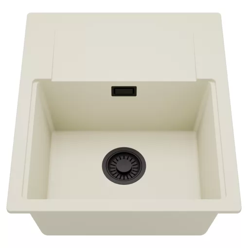 HD Onyx White 58 egymedencés mosogatótálca, csepegtetőtálcával, tört fehér színben, matt fekete leeresztő szifonnal