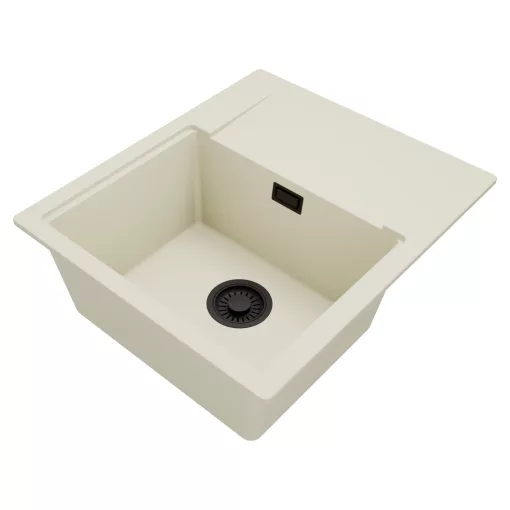 HD Onyx White 58 egymedencés mosogatótálca, csepegtetőtálcával, tört fehér színben, matt fekete leeresztő szifonnal