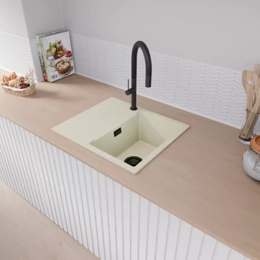 HD Onyx White 58 egymedencés mosogatótálca, csepegtetőtálcával, tört fehér színben, matt fekete leeresztő szifonnal