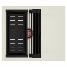 HD Onyx White 58 egymedencés mosogatótálca szett, matt fekete csepegtetőráccsal és kosárral, csepegtetőtálcával, tört fehér színben, szálcsiszolt réz leeresztő szifonnal