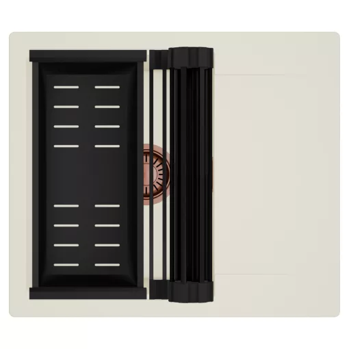 HD Onyx White 58 egymedencés mosogatótálca szett, matt fekete csepegtetőráccsal és kosárral, csepegtetőtálcával, tört fehér színben, szálcsiszolt réz leeresztő szifonnal