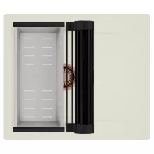 HD Onyx White 58 egymedencés mosogatótálca szett, matt fekete csepegtetőráccsal és krómozott kosárral, csepegtetőtálcával, tört fehér színben, szálcsiszolt réz leeresztő szifonnal