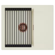 HD Onyx White 58 egymedencés mosogatótálca szett, matt fekete csepegtetőráccsal, csepegtetőtálcával, tört fehér színben, szálcsiszolt réz leeresztő szifonnal