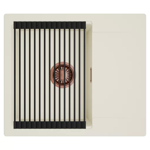 HD Onyx White 58 egymedencés mosogatótálca szett, matt fekete csepegtetőráccsal, csepegtetőtálcával, tört fehér színben, szálcsiszolt réz leeresztő szifonnal