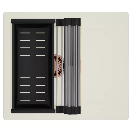 HD Onyx White 58 egymedencés mosogatótálca szett, acél csepegtetőráccsal és matt fekete kosárral, csepegtetőtálcával, tört fehér színben, szálcsiszolt réz leeresztő szifonnal