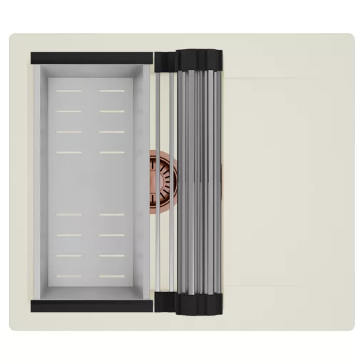 HD Onyx White 58 egymedencés mosogatótálca szett, acél csepegtetőráccsal és kosárral, csepegtetőtálcával, tört fehér színben, szálcsiszolt réz leeresztő szifonnal