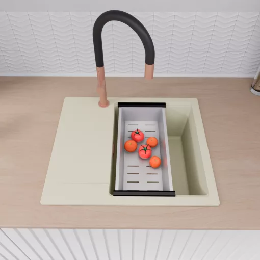 HD Onyx White 58 egymedencés mosogatótálca szett, acél csepegtetőráccsal és kosárral, csepegtetőtálcával, tört fehér színben, szálcsiszolt réz leeresztő szifonnal