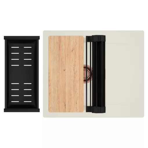 HD Onyx White 58 egymedencés mosogatótálca szett, vágódeszkával, matt fekete csepegtetőráccsal és kosárral, csepegtetőtálcával, tört fehér színben, szálcsiszolt réz leeresztő szifonnal