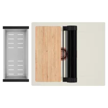 HD Onyx White 58 egymedencés mosogatótálca szett, vágódeszkával, matt fekete csepegtetőráccsal és krómozott kosárral, csepegtetőtálcával, tört fehér színben, szálcsiszolt réz leeresztő szifonnal