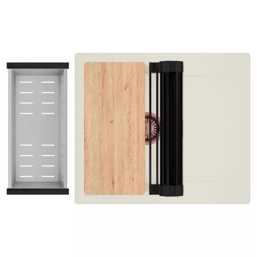 HD Onyx White 58 egymedencés mosogatótálca szett, vágódeszkával, matt fekete csepegtetőráccsal és krómozott kosárral, csepegtetőtálcával, tört fehér színben, szálcsiszolt réz leeresztő szifonnal