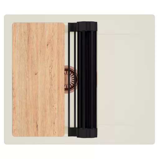 HD Onyx White 58 egymedencés mosogatótálca szett, vágódeszkával, matt fekete csepegtetőráccsal, csepegtetőtálcával, tört fehér színben, szálcsiszolt réz leeresztő szifonnal