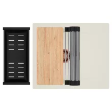 HD Onyx White 58 egymedencés mosogatótálca szett, vágódeszkával, acél csepegtetőráccsal és matt fekete kosárral, csepegtetőtálcával, tört fehér színben, szálcsiszolt réz leeresztő szifonnal