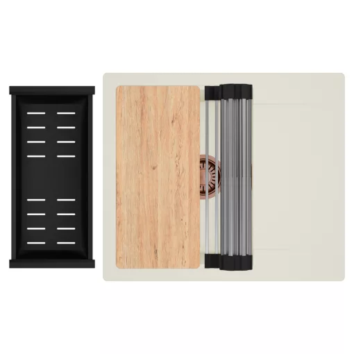 HD Onyx White 58 egymedencés mosogatótálca szett, vágódeszkával, acél csepegtetőráccsal és matt fekete kosárral, csepegtetőtálcával, tört fehér színben, szálcsiszolt réz leeresztő szifonnal