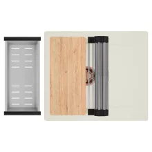 HD Onyx White 58 egymedencés mosogatótálca szett, vágódeszkával, acél csepegtetőráccsal és kosárral, csepegtetőtálcával, tört fehér színben, szálcsiszolt réz leeresztő szifonnal