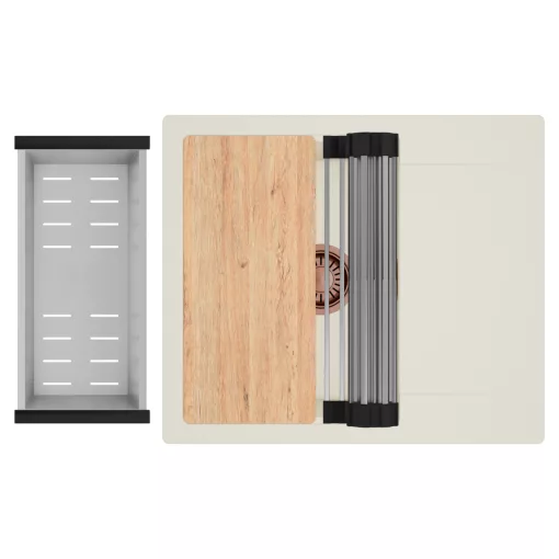 HD Onyx White 58 egymedencés mosogatótálca szett, vágódeszkával, acél csepegtetőráccsal és kosárral, csepegtetőtálcával, tört fehér színben, szálcsiszolt réz leeresztő szifonnal