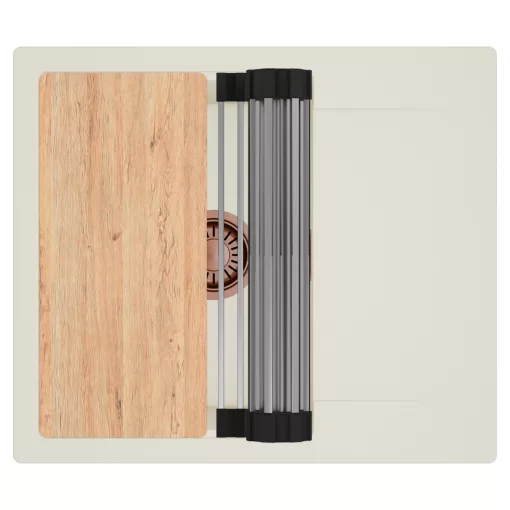 HD Onyx White 58 egymedencés mosogatótálca szett, vágódeszkával, acél csepegtetőráccsal, csepegtetőtálcával, tört fehér színben, szálcsiszolt réz leeresztő szifonnal