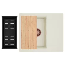 HD Onyx White 58 egymedencés mosogatótálca szett, vágódeszkával, matt fekete csepegtetőkosárral, csepegtetőtálcával, tört fehér színben, szálcsiszolt réz leeresztő szifonnal