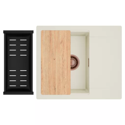 HD Onyx White 58 egymedencés mosogatótálca szett, vágódeszkával, matt fekete csepegtetőkosárral, csepegtetőtálcával, tört fehér színben, szálcsiszolt réz leeresztő szifonnal