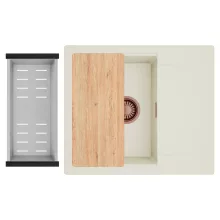 HD Onyx White 58 egymedencés mosogatótálca szett, vágódeszkával, acél csepegtetőkosárral, csepegtetőtálcával, tört fehér színben, szálcsiszolt réz leeresztő szifonnal