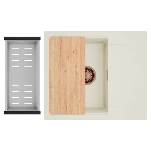 HD Onyx White 58 egymedencés mosogatótálca szett, vágódeszkával, acél csepegtetőkosárral, csepegtetőtálcával, tört fehér színben, szálcsiszolt réz leeresztő szifonnal