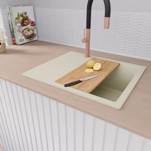 HD Onyx White 58 egymedencés mosogatótálca szett, vágódeszkával, acél csepegtetőkosárral, csepegtetőtálcával, tört fehér színben, szálcsiszolt réz leeresztő szifonnal