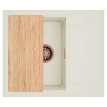 HD Onyx White 58 egymedencés mosogatótálca, vágódeszkával, csepegtetőtálcával, tört fehér színben, szálcsiszolt réz leeresztő szifonnal