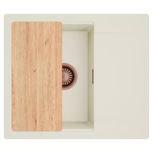 HD Onyx White 58 egymedencés mosogatótálca, vágódeszkával, csepegtetőtálcával, tört fehér színben, szálcsiszolt réz leeresztő szifonnal