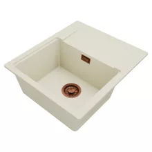 HD Onyx White 58 egymedencés mosogatótálca, vágódeszkával, csepegtetőtálcával, tört fehér színben, szálcsiszolt réz leeresztő szifonnal