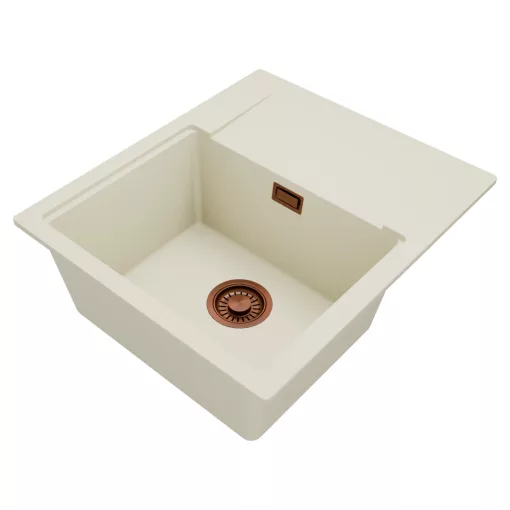 HD Onyx White 58 egymedencés mosogatótálca, vágódeszkával, csepegtetőtálcával, tört fehér színben, szálcsiszolt réz leeresztő szifonnal