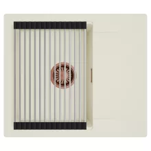 HD Onyx White 58 egymedencés mosogatótálca szett, acél csepegtetőráccsal, csepegtetőtálcával, tört fehér színben, szálcsiszolt réz leeresztő szifonnal