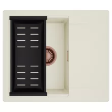 HD Onyx White 58 egymedencés mosogatótálca szett, matt fekete csepegtetőkosárral, csepegtetőtálcával, tört fehér színben, szálcsiszolt réz leeresztő szifonnal